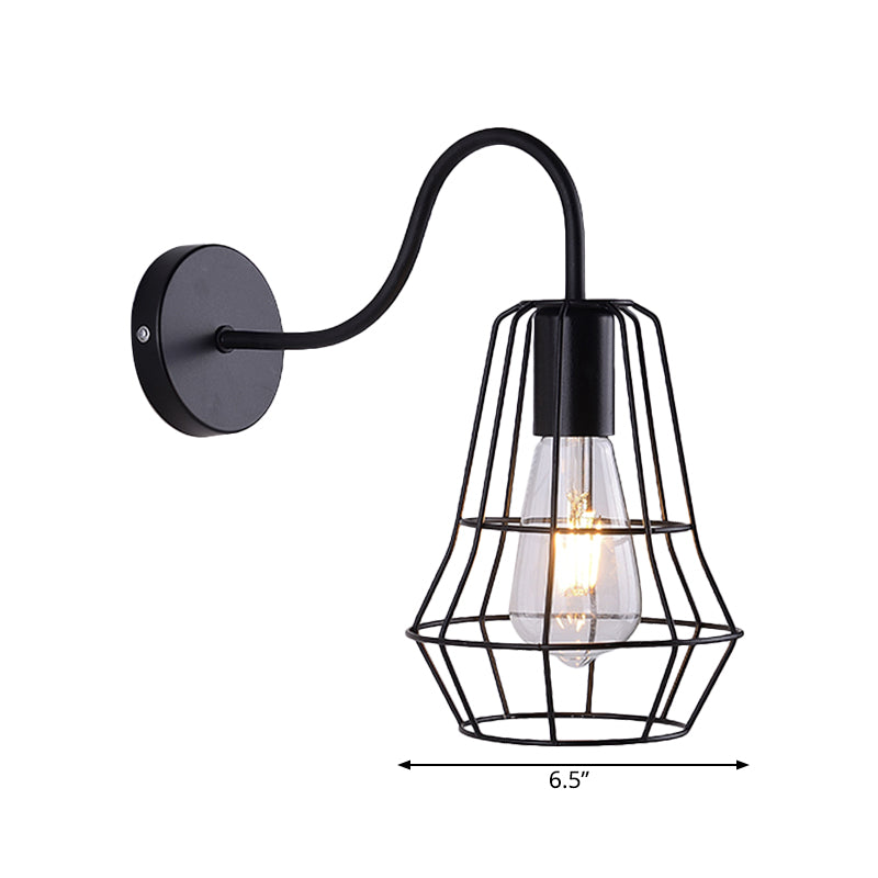 BowLift | Gooseneck Arm Living Room Wall Light with Cage Shade Retro Style Metal 1 Light Black Finish Wall Lamp