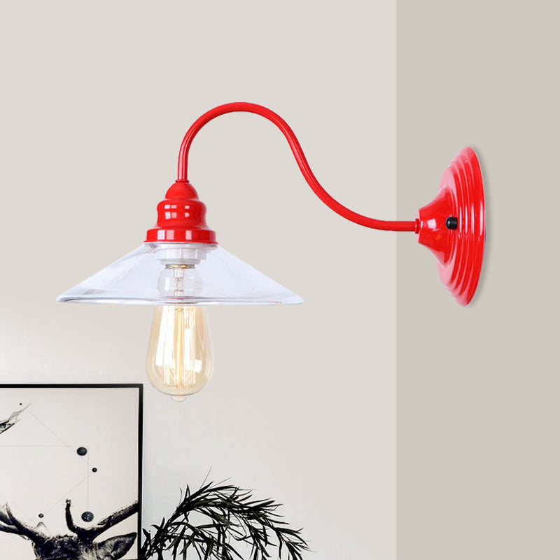 BowLift | 1 Light Bulb Width Flare Wall Mounted Light Industrial Red Clear Glass Lighting with Curved Arm