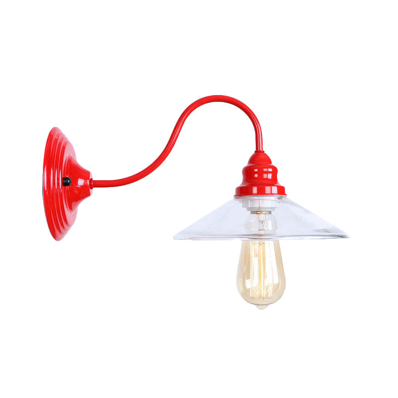 BowLift | 1 Light Bulb Width Flare Wall Mounted Light Industrial Red Clear Glass Lighting with Curved Arm