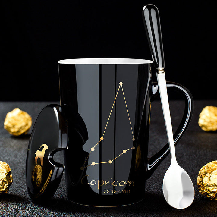 BowLift | 12 Zodiac Signs Black Ceramic Mug with Lid Spoon