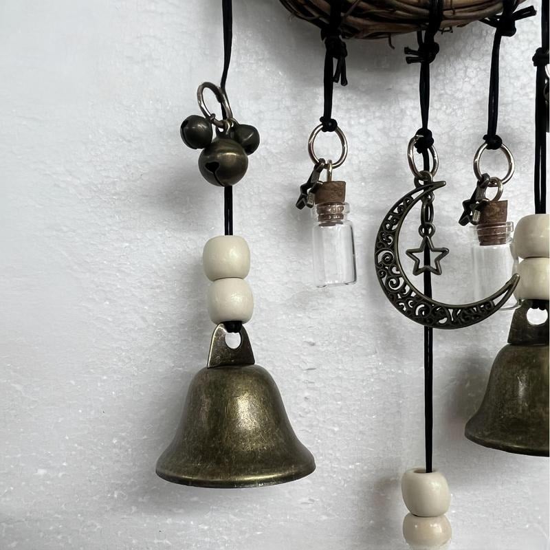 BowLift | Witch Bell Hanging Decor | Boho Rustic Design | Rattan & Metal | 11.8 in