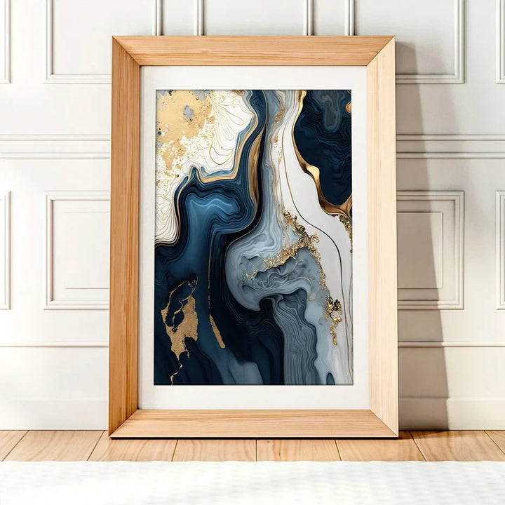 Deep Oceanic Blue Golden Marble Print Wall Art Fine Art Canvas Prints Posters Pictures For Living Room Dining Room Light Luxury Home Decor | Bowlift