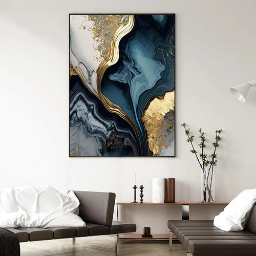 Deep Oceanic Blue Golden Marble Print Wall Art Fine Art Canvas Prints Posters Pictures For Living Room Dining Room Light Luxury Home Decor | Bowlift