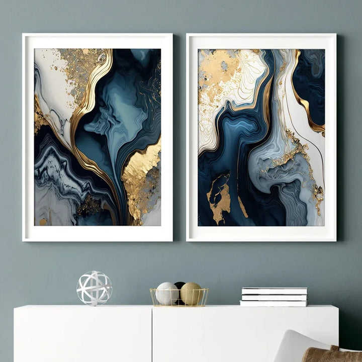 Deep Oceanic Blue Golden Marble Print Wall Art Fine Art Canvas Prints Posters Pictures For Living Room Dining Room Light Luxury Home Decor | Bowlift