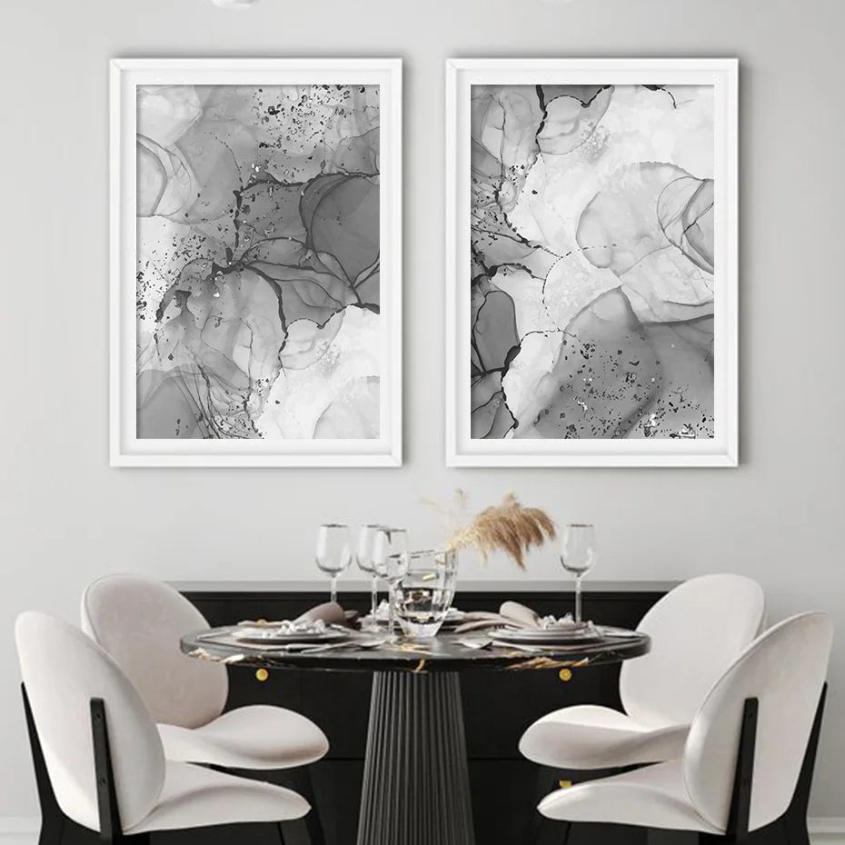 Modern Gray Liquid Marble Print Wall Art Fine Art Canvas Prints Abstract Black White Poster Pictures For Living Room Home Office Art Decor | Bowlift