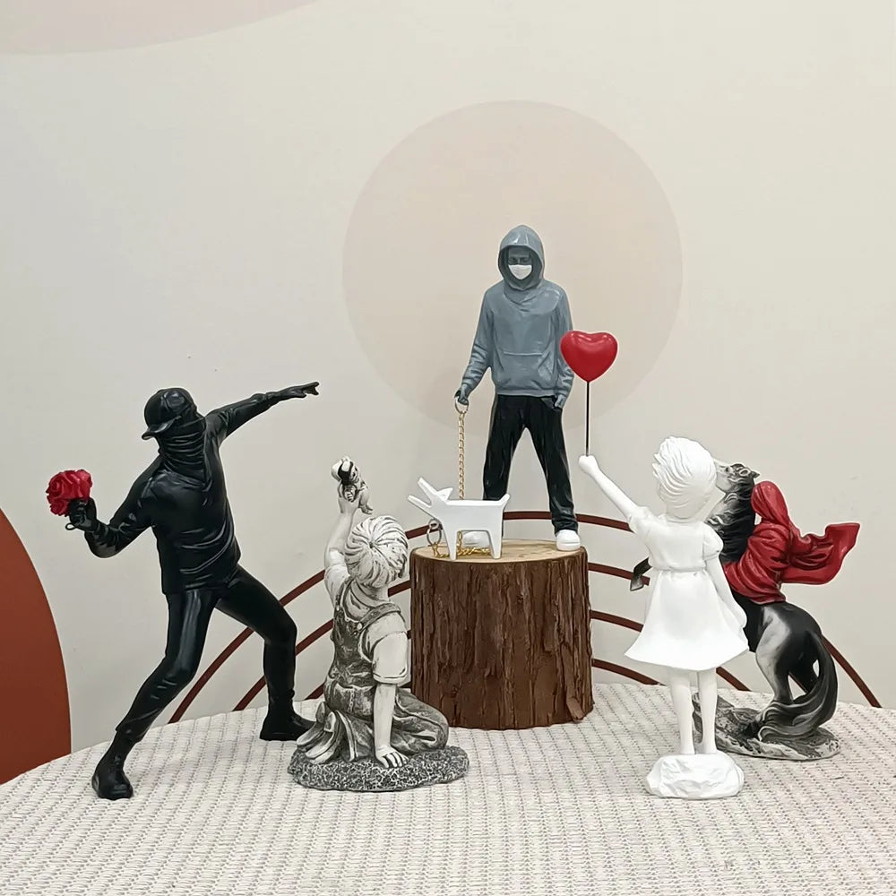 BowLift | Dropshipping Banksy Sculpture Collection Flower Thrower Statue Pop Art Modern Balloon Girl Figurine Office Home Decoration