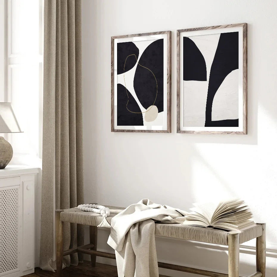 Nordic Minimalist Abstract Beige Black Shape &amp; Line Wall Art Fine Art Canvas Prints Pictures For Modern Living Room Bedroom Art Decor | Bowlift