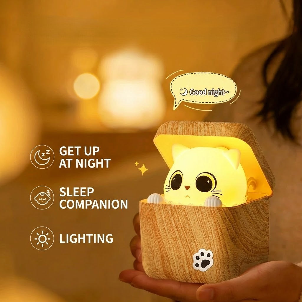 Cute Peekaboo Cat Wooden Night Light Lamp | Bowlift