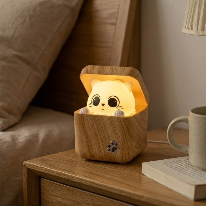 Cute Peekaboo Cat Wooden Night Light Lamp | Bowlift