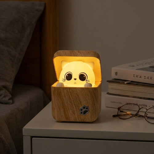 Cute Peekaboo Cat Wooden Night Light Lamp | Bowlift