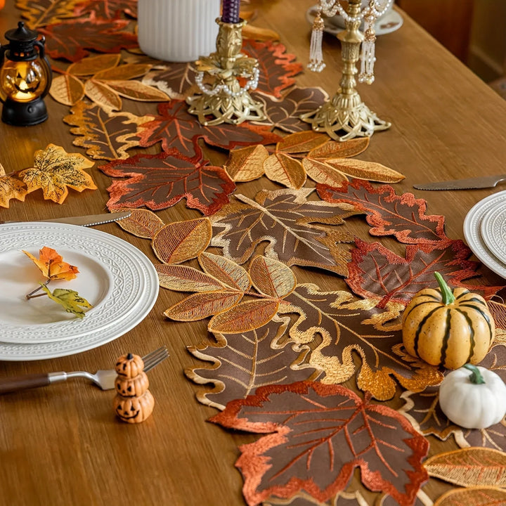 BowLift | HarvestLeaf Table Runner | Embroidered Maple Leaf Design | Autumn Decor in Country Style