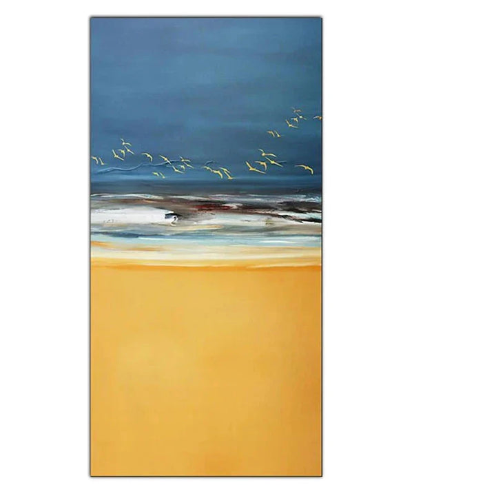 Abstract Beach Scene Canvas Print Sea Sand Landscape Wall Art Golden Sand Gentle Waves & Dynamic Sky with Birds | Bowlift