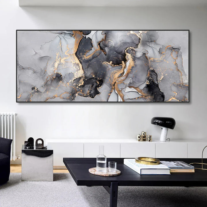 Abstract Grey Golden Liquid Marble Print Wall Art Fine Art Canvas Prints Wide Format Pictures For Above The Sofa Art For Above The Bed | Bowlift