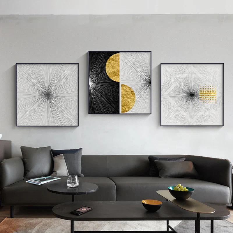 Minimalist Golden Sun Lines Abstract Wall Art Fine Art Canvas Prints Square Format Pictures For Modern Apartment Living Room Art For Contemporary Interiors | Bowlift