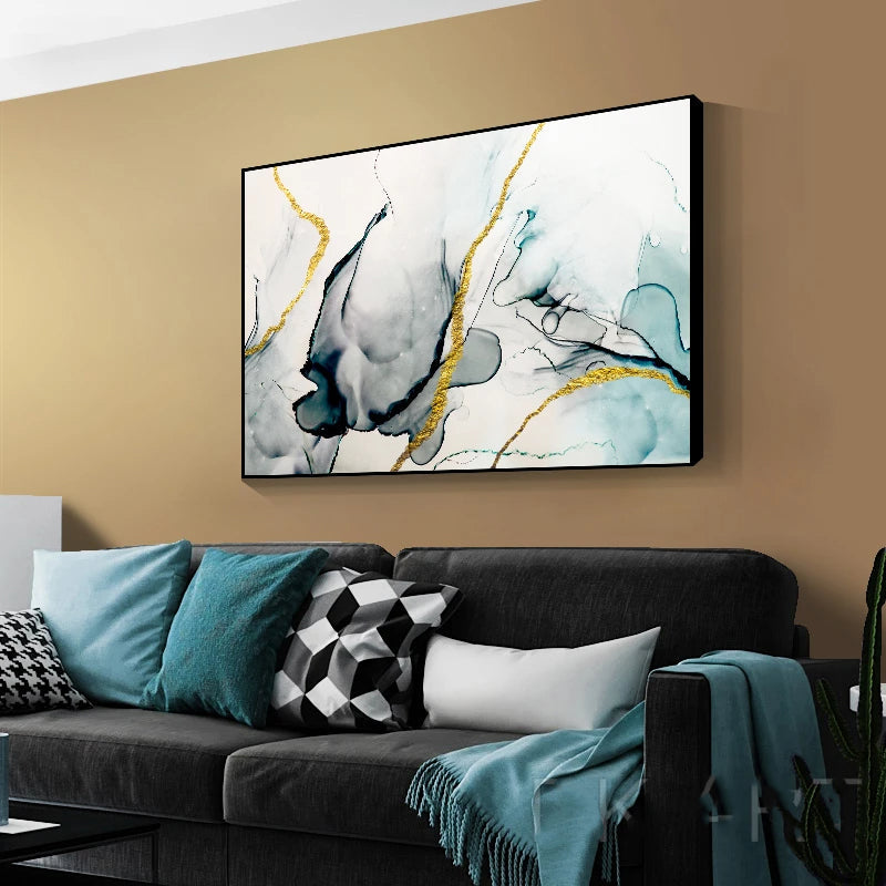 Jade Green Grey Golden Marble Print Abstract Wall Art Fine Art Canvas Prints Pictures For Modern Living Room Home Office Art Decor | Bowlift