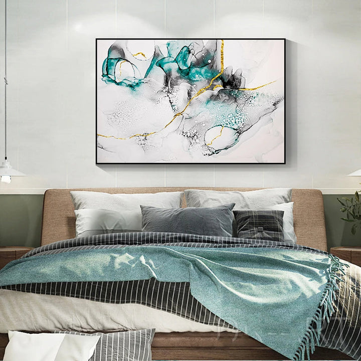 Jade Green Grey Golden Marble Print Abstract Wall Art Fine Art Canvas Prints Pictures For Modern Living Room Home Office Art Decor | Bowlift
