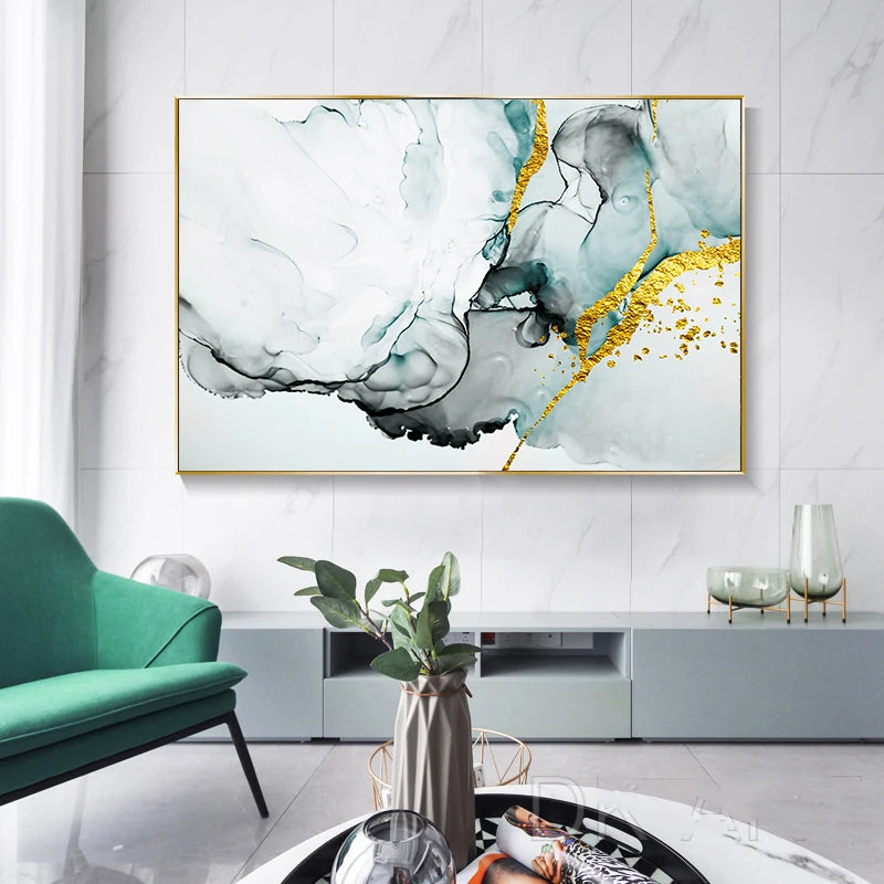 Jade Green Grey Golden Marble Print Abstract Wall Art Fine Art Canvas Prints Pictures For Modern Living Room Home Office Art Decor | Bowlift
