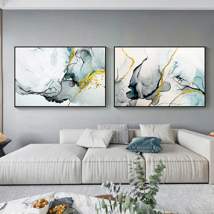 Jade Green Grey Golden Marble Print Abstract Wall Art Fine Art Canvas Prints Pictures For Modern Living Room Home Office Art Decor | Bowlift