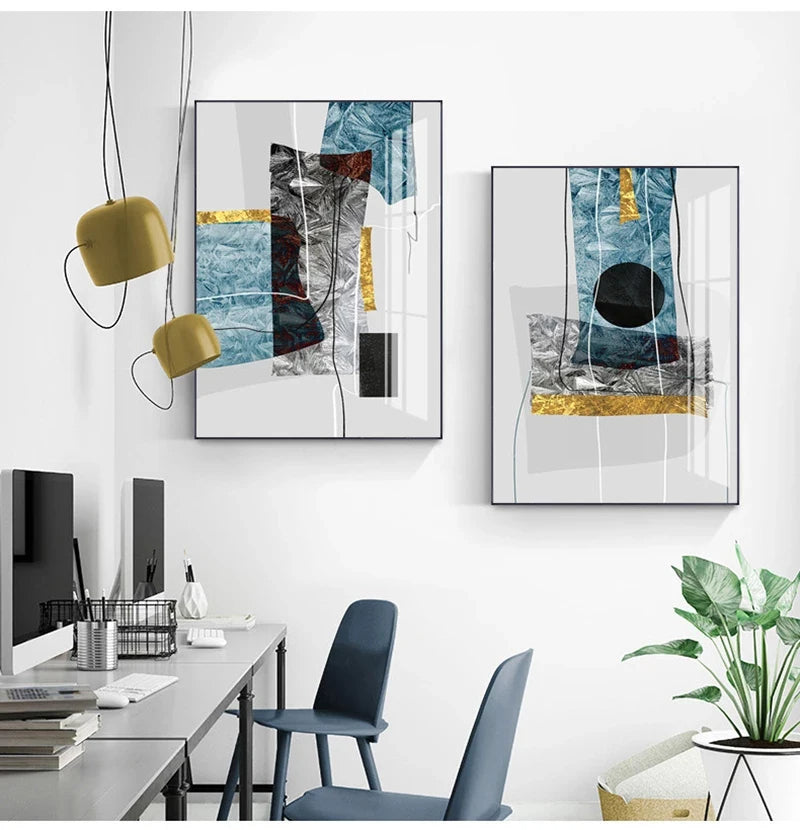 Abstract Minimalist Blue Nordic Ice Geometric Wall Art Fine Art Canvas Prints Posters Pictures For Modern Apartment Living Room Art Decor | Bowlift