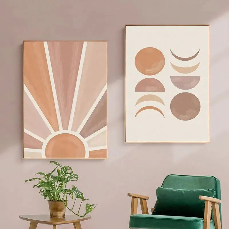 Abstract Terracotta Sun Rays Moon Phases Wall Art Fine Art Canvas Prints Posters Pictures For Modern Living Room Bedroom Art Decor | Bowlift