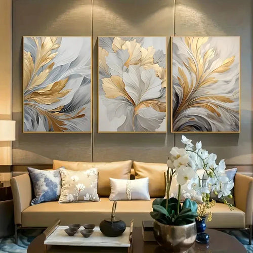 Set of 3Pcs Abstract White Golden Leaves Floral Wall Art Fine Art Canvas Prints Modern Botanical Pictures For Living Room Dining Room Bedroom Art Decor | Bowlift