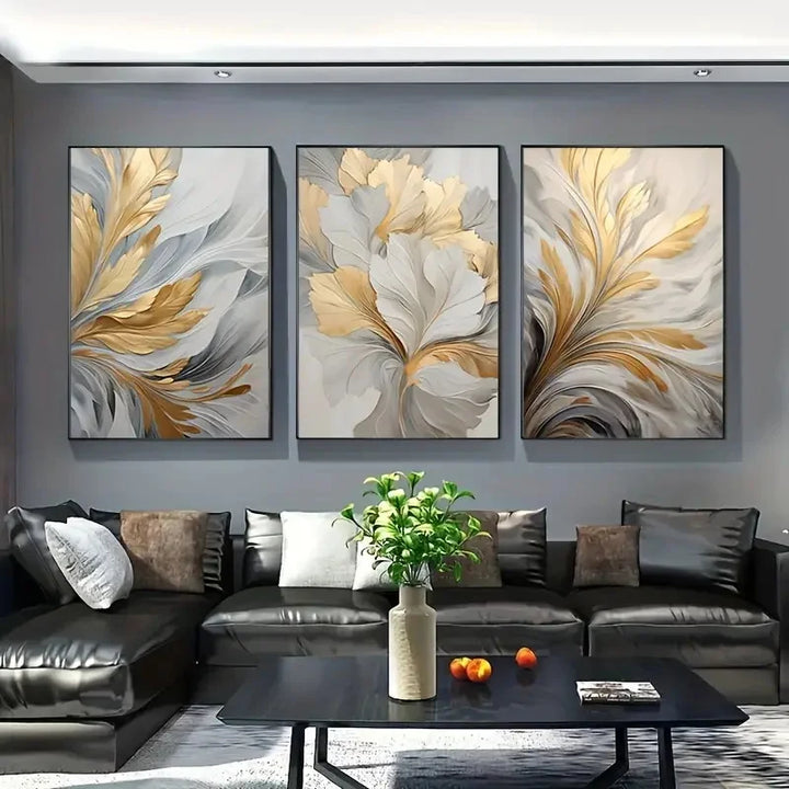 Set of 3Pcs Abstract White Golden Leaves Floral Wall Art Fine Art Canvas Prints Modern Botanical Pictures For Living Room Dining Room Bedroom Art Decor | Bowlift