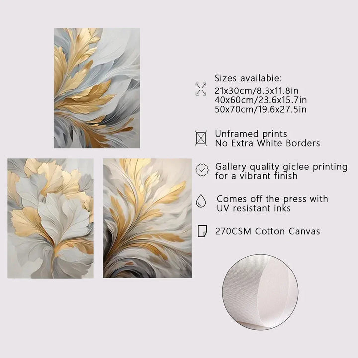 Set of 3Pcs Abstract White Golden Leaves Floral Wall Art Fine Art Canvas Prints Modern Botanical Pictures For Living Room Dining Room Bedroom Art Decor | Bowlift