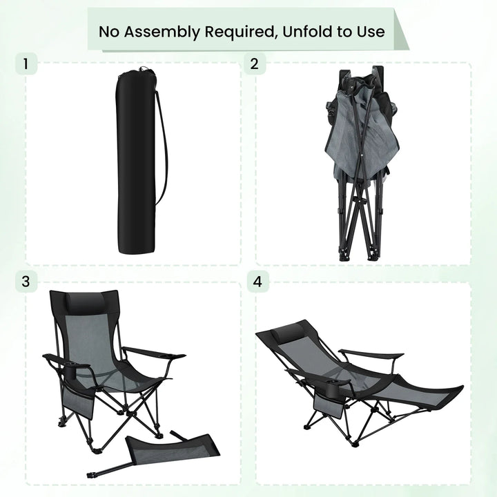 BowLift | CAMPURE Relax Lounge Chair | Adjustable & Foldable | With Footrest | Ultra-Light & Portable – Black/Grey
