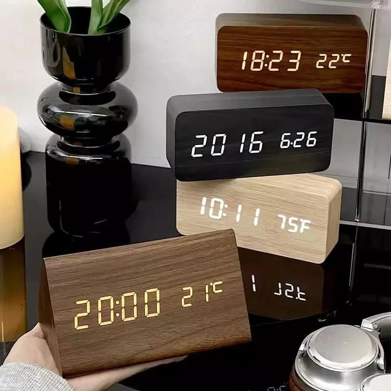LED Alarm Clock Wood Look with 3 Alarms & Temperature | Bowlift