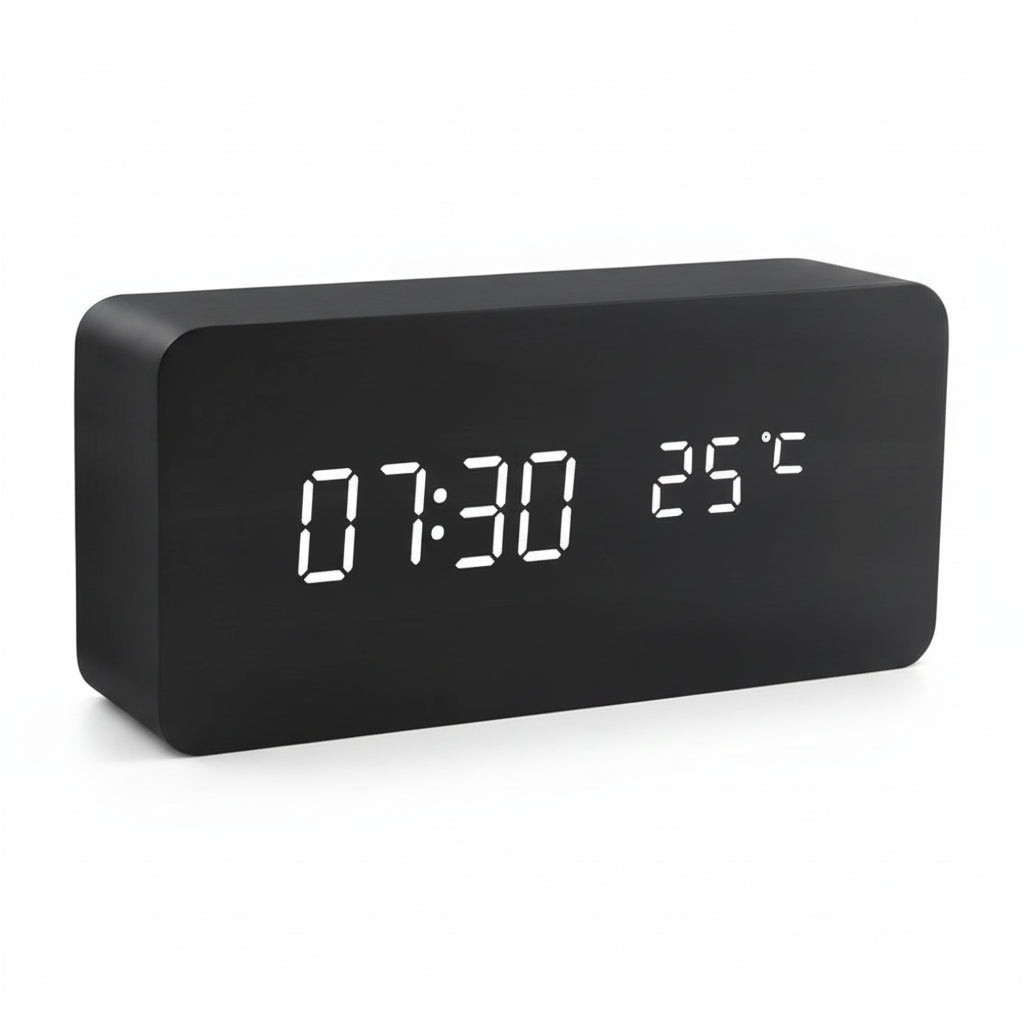 LED Alarm Clock Wood Look with 3 Alarms & Temperature | Bowlift