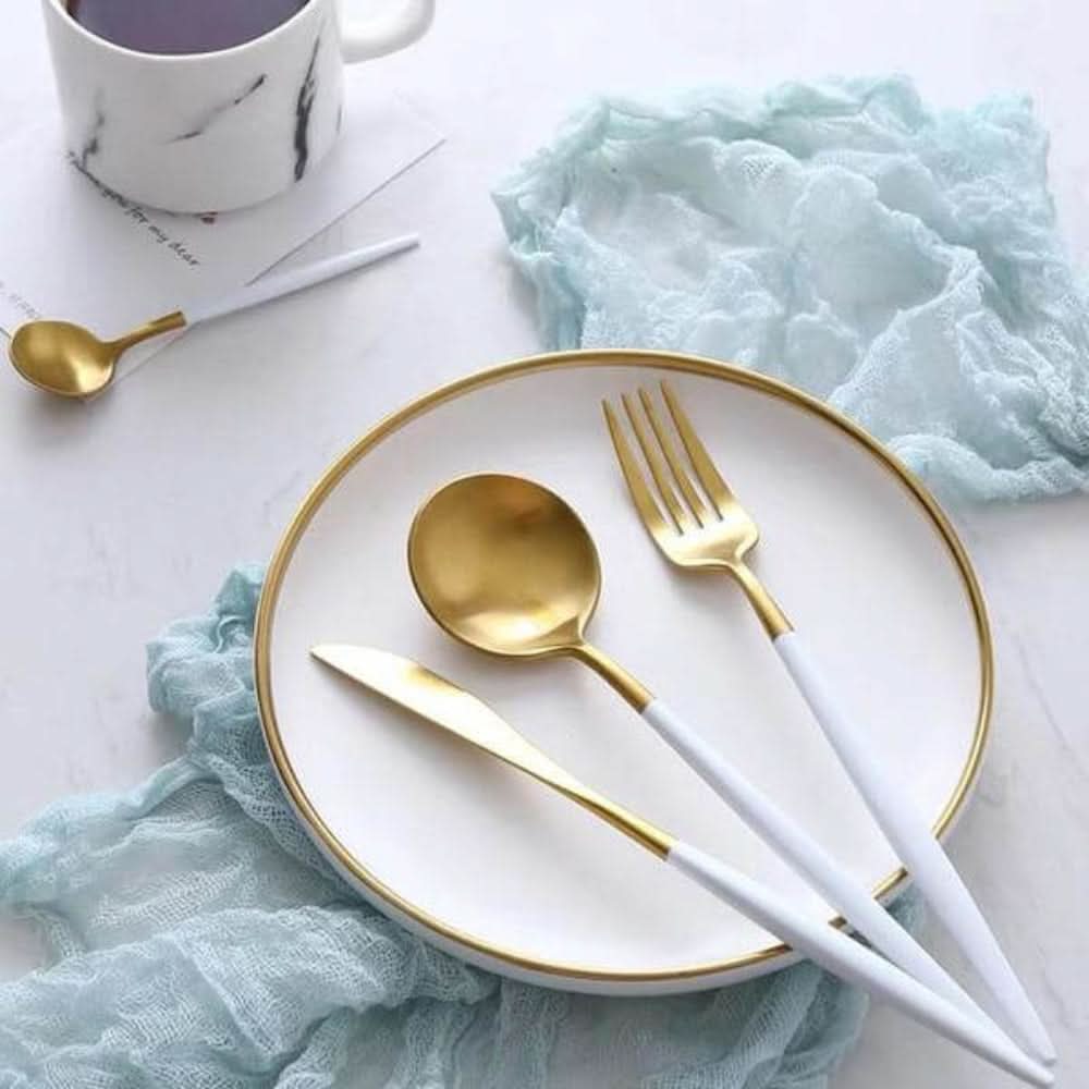 BowLift | Gold Stainless Steel Cutlery Set with White Handles