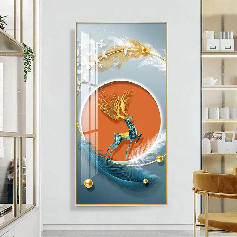 Auspicious Abstract Golden Feather Deer Landscape Wall Art Fine Art Canvas Prints Pictures For Living Room Entrance Foyer Light Luxury Home Decor | Bowlift