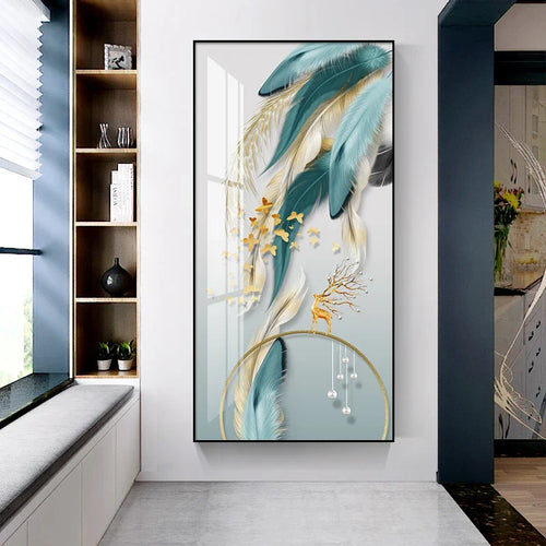 Auspicious Abstract Golden Feather Deer Landscape Wall Art Fine Art Canvas Prints Pictures For Living Room Entrance Foyer Light Luxury Home Decor | Bowlift