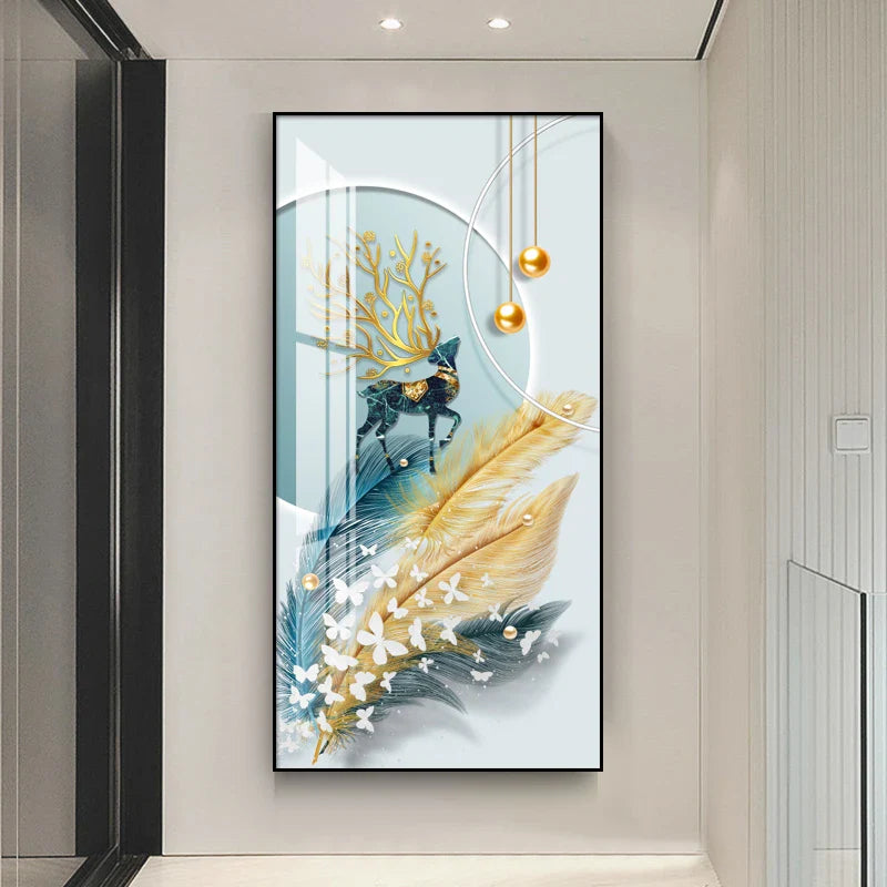 Auspicious Abstract Golden Feather Deer Landscape Wall Art Fine Art Canvas Prints Pictures For Living Room Entrance Foyer Light Luxury Home Decor | Bowlift