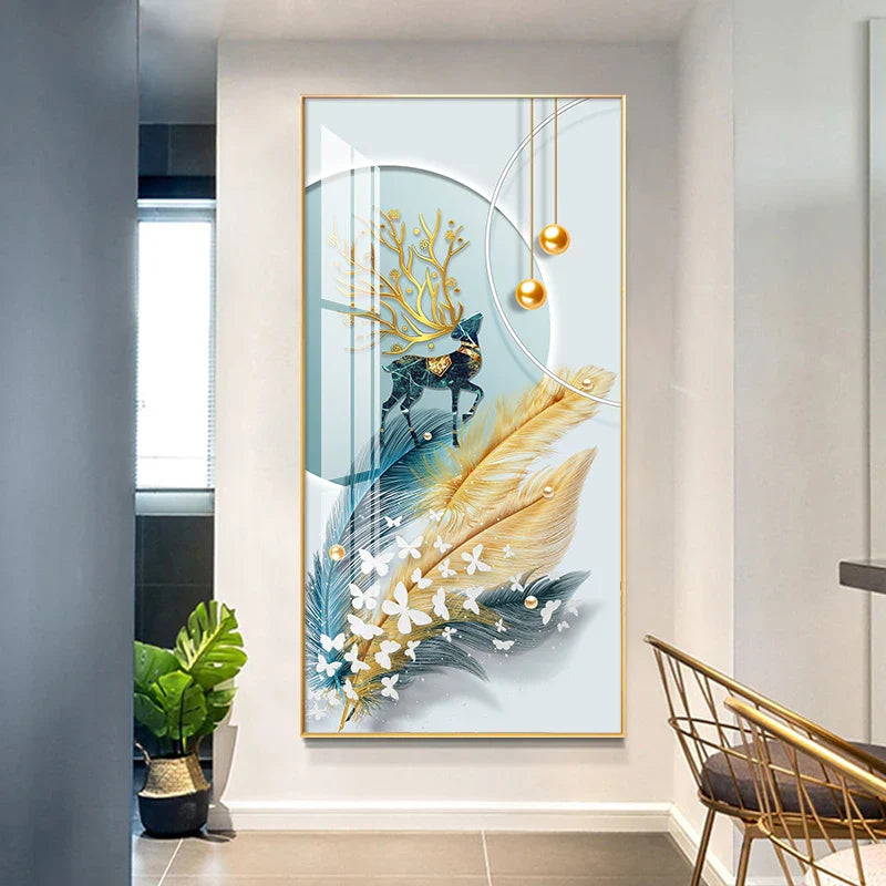 Auspicious Abstract Golden Feather Deer Landscape Wall Art Fine Art Canvas Prints Pictures For Living Room Entrance Foyer Light Luxury Home Decor | Bowlift