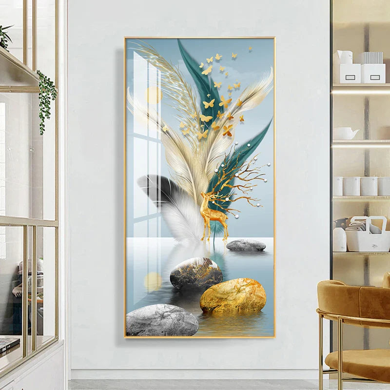 Auspicious Abstract Golden Feather Deer Landscape Wall Art Fine Art Canvas Prints Pictures For Living Room Entrance Foyer Light Luxury Home Decor | Bowlift