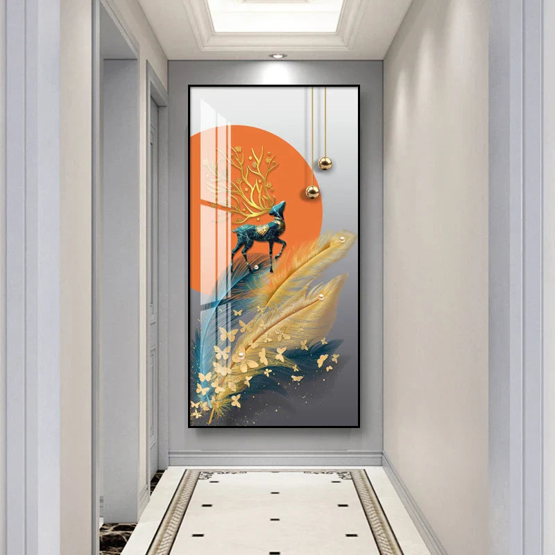 Auspicious Abstract Golden Feather Deer Landscape Wall Art Fine Art Canvas Prints Pictures For Living Room Entrance Foyer Light Luxury Home Decor | Bowlift