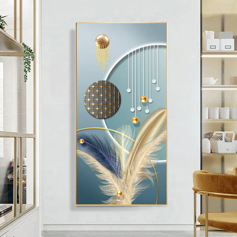 Auspicious Abstract Golden Feather Deer Landscape Wall Art Fine Art Canvas Prints Pictures For Living Room Entrance Foyer Light Luxury Home Decor | Bowlift