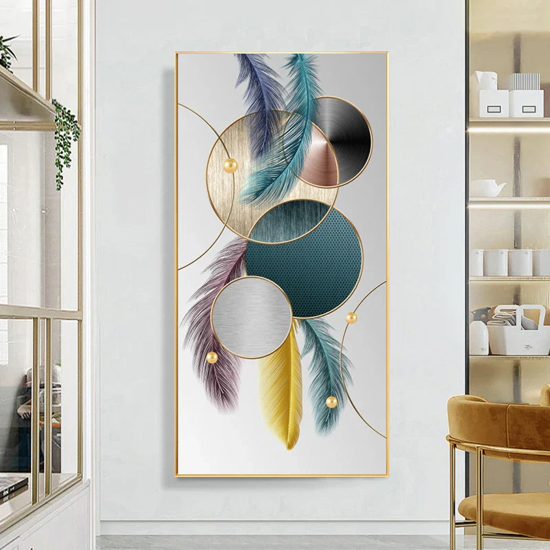 Auspicious Abstract Golden Feather Deer Landscape Wall Art Fine Art Canvas Prints Pictures For Living Room Entrance Foyer Light Luxury Home Decor | Bowlift