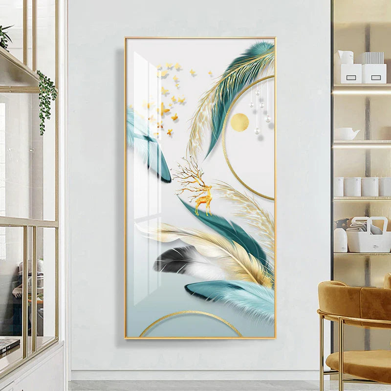 Auspicious Abstract Golden Feather Deer Landscape Wall Art Fine Art Canvas Prints Pictures For Living Room Entrance Foyer Light Luxury Home Decor | Bowlift