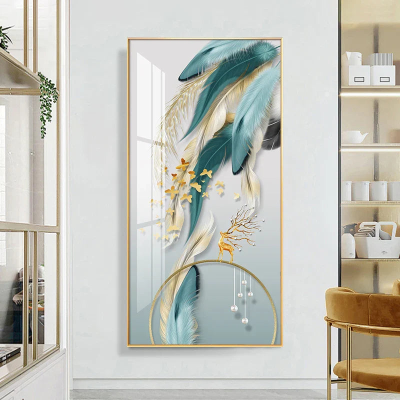 Auspicious Abstract Golden Feather Deer Landscape Wall Art Fine Art Canvas Prints Pictures For Living Room Entrance Foyer Light Luxury Home Decor | Bowlift
