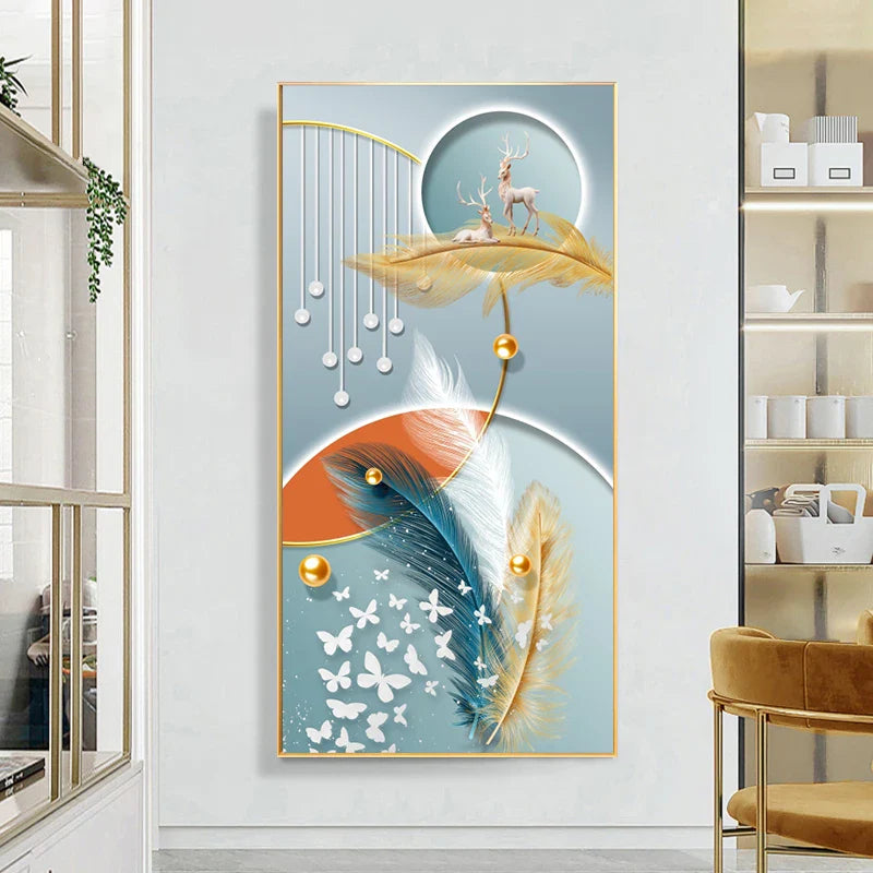 Auspicious Abstract Golden Feather Deer Landscape Wall Art Fine Art Canvas Prints Pictures For Living Room Entrance Foyer Light Luxury Home Decor | Bowlift