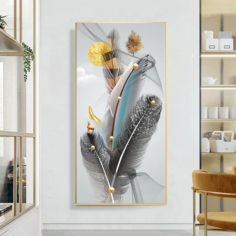 Auspicious Abstract Golden Feather Deer Landscape Wall Art Fine Art Canvas Prints Pictures For Living Room Entrance Foyer Light Luxury Home Decor | Bowlift
