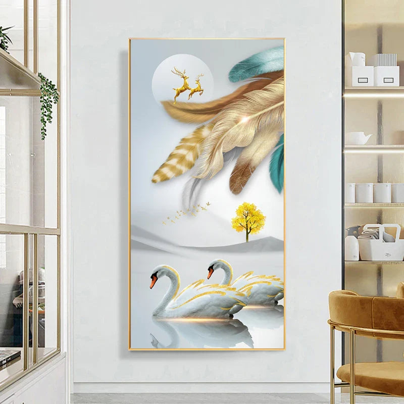 Auspicious Abstract Golden Feather Deer Landscape Wall Art Fine Art Canvas Prints Pictures For Living Room Entrance Foyer Light Luxury Home Decor | Bowlift