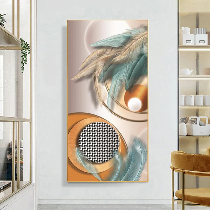 Auspicious Abstract Golden Feather Deer Landscape Wall Art Fine Art Canvas Prints Pictures For Living Room Entrance Foyer Light Luxury Home Decor | Bowlift
