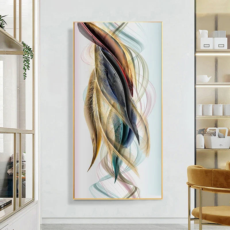 Auspicious Abstract Golden Feather Deer Landscape Wall Art Fine Art Canvas Prints Pictures For Living Room Entrance Foyer Light Luxury Home Decor | Bowlift