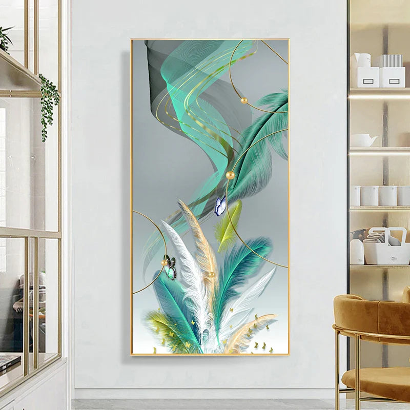 Auspicious Abstract Golden Feather Deer Landscape Wall Art Fine Art Canvas Prints Pictures For Living Room Entrance Foyer Light Luxury Home Decor | Bowlift