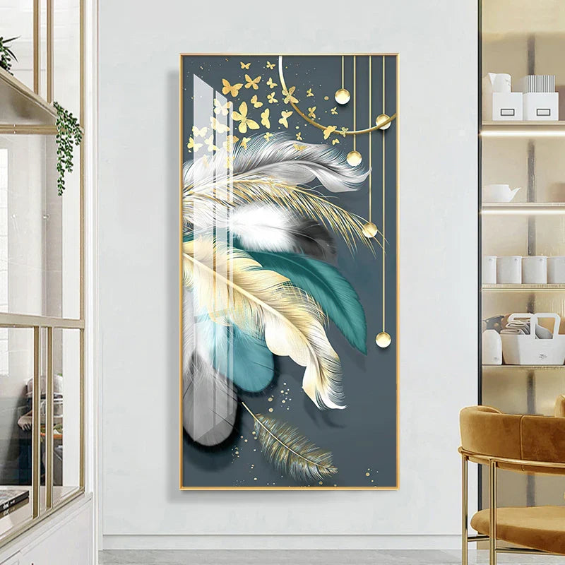 Auspicious Abstract Golden Feather Deer Landscape Wall Art Fine Art Canvas Prints Pictures For Living Room Entrance Foyer Light Luxury Home Decor | Bowlift