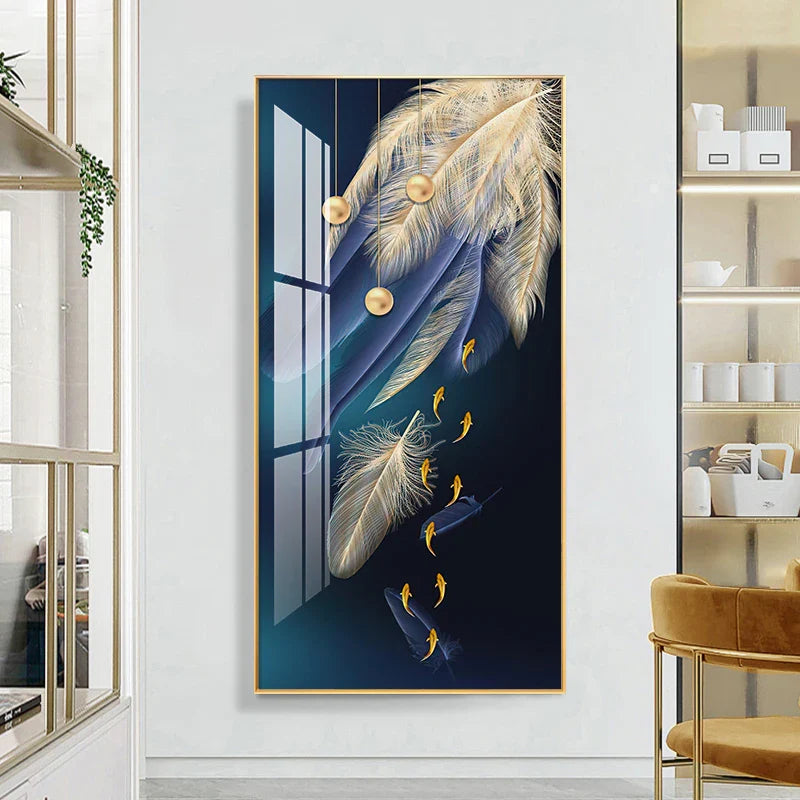 Auspicious Abstract Golden Feather Deer Landscape Wall Art Fine Art Canvas Prints Pictures For Living Room Entrance Foyer Light Luxury Home Decor | Bowlift