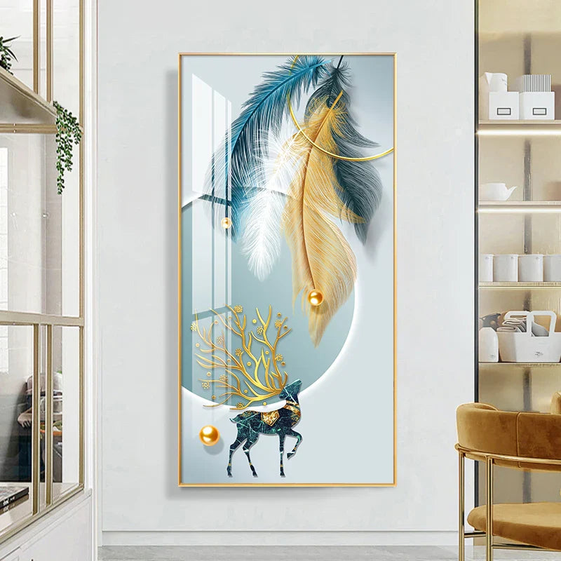 Auspicious Abstract Golden Feather Deer Landscape Wall Art Fine Art Canvas Prints Pictures For Living Room Entrance Foyer Light Luxury Home Decor | Bowlift